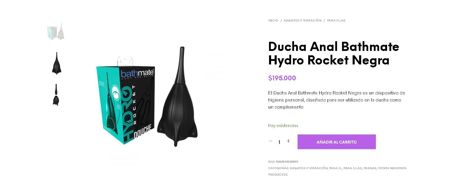 Ducha Anal Bathmate Hydro Rocket Negra Divino Placer