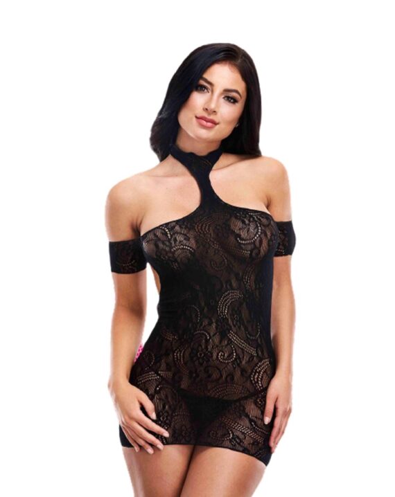 Mini Vestido Con Hombros Descubiertos de Encaje Negro
