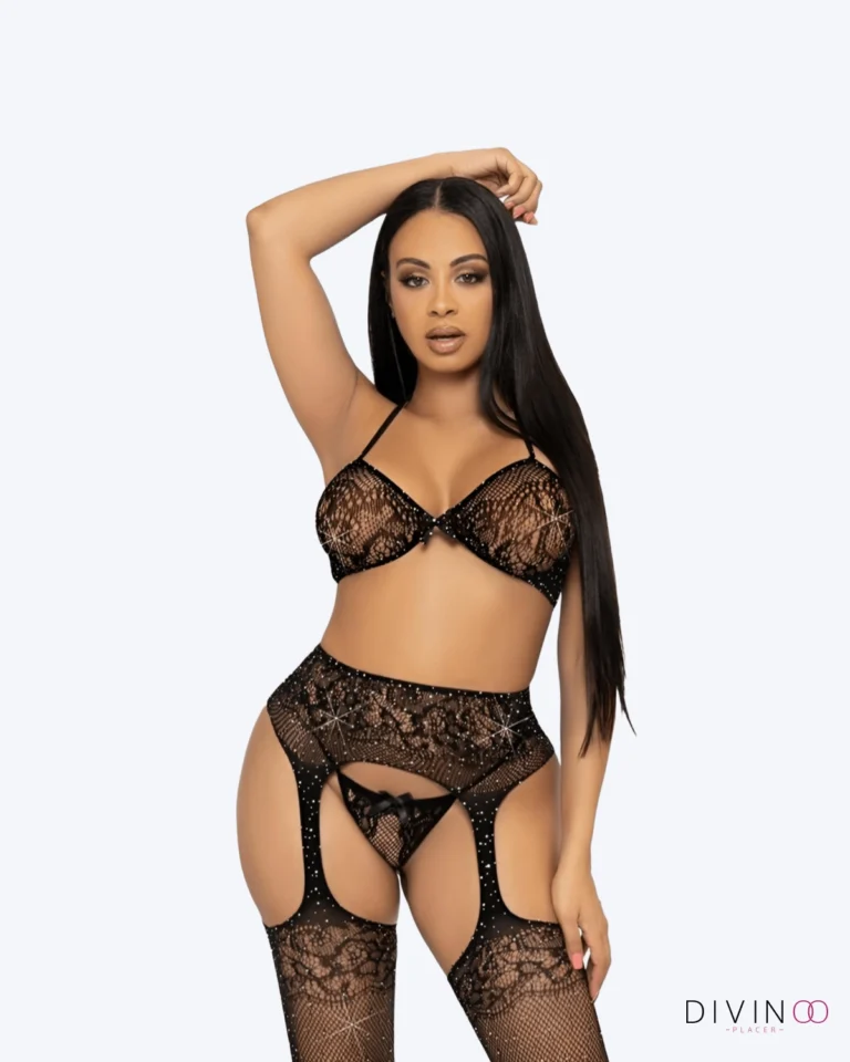 Conjunto de Lencería Leg Avenue 3 Piezas con Brillos | Negro, sensual y elegante